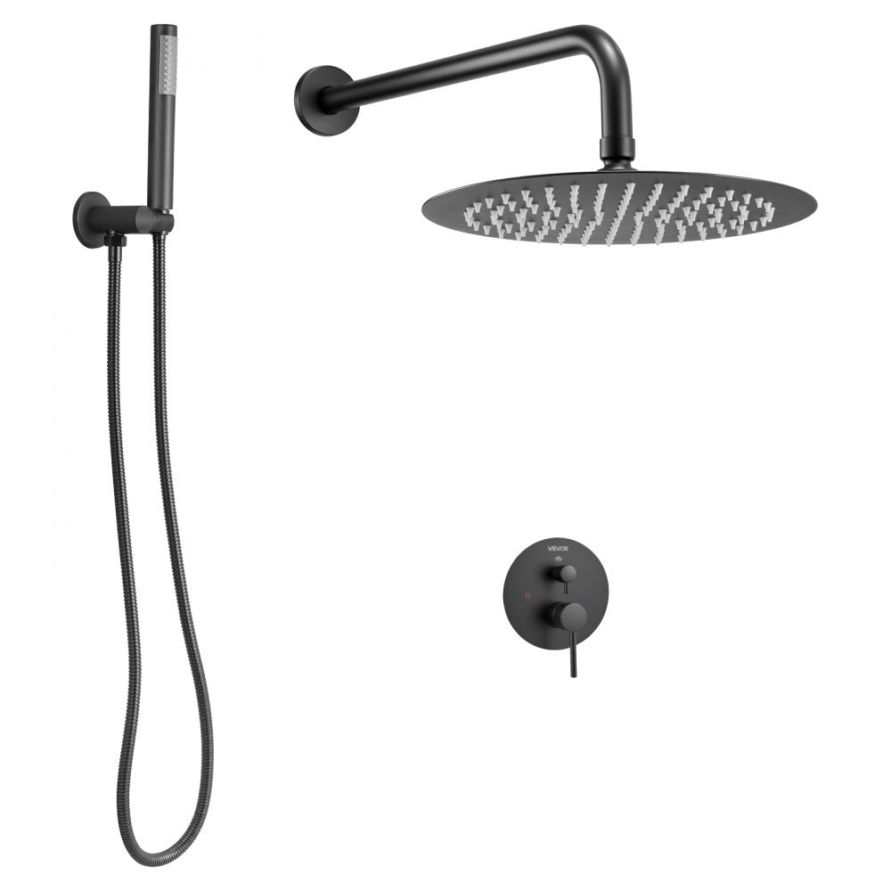 VEVOR Shower Faucet Set, Rainfall Bathroom Shower System with 10-Inch Round Rain Shower Head and Handheld Spray, Wall Mounted Bath Fixtures with Brass Valve and Trim Kit, Matte Black