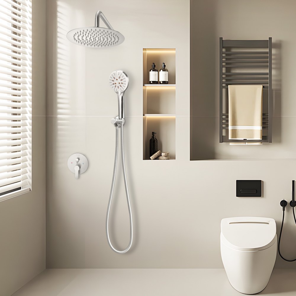 VEVOR Shower Faucet Set, Rainfall Bathroom Shower System with 10-Inch Round Rain Shower Head and Handheld Spray, Wall Mounted Bath Fixtures with Brass Valve and Trim Kit, Brushed Nickel