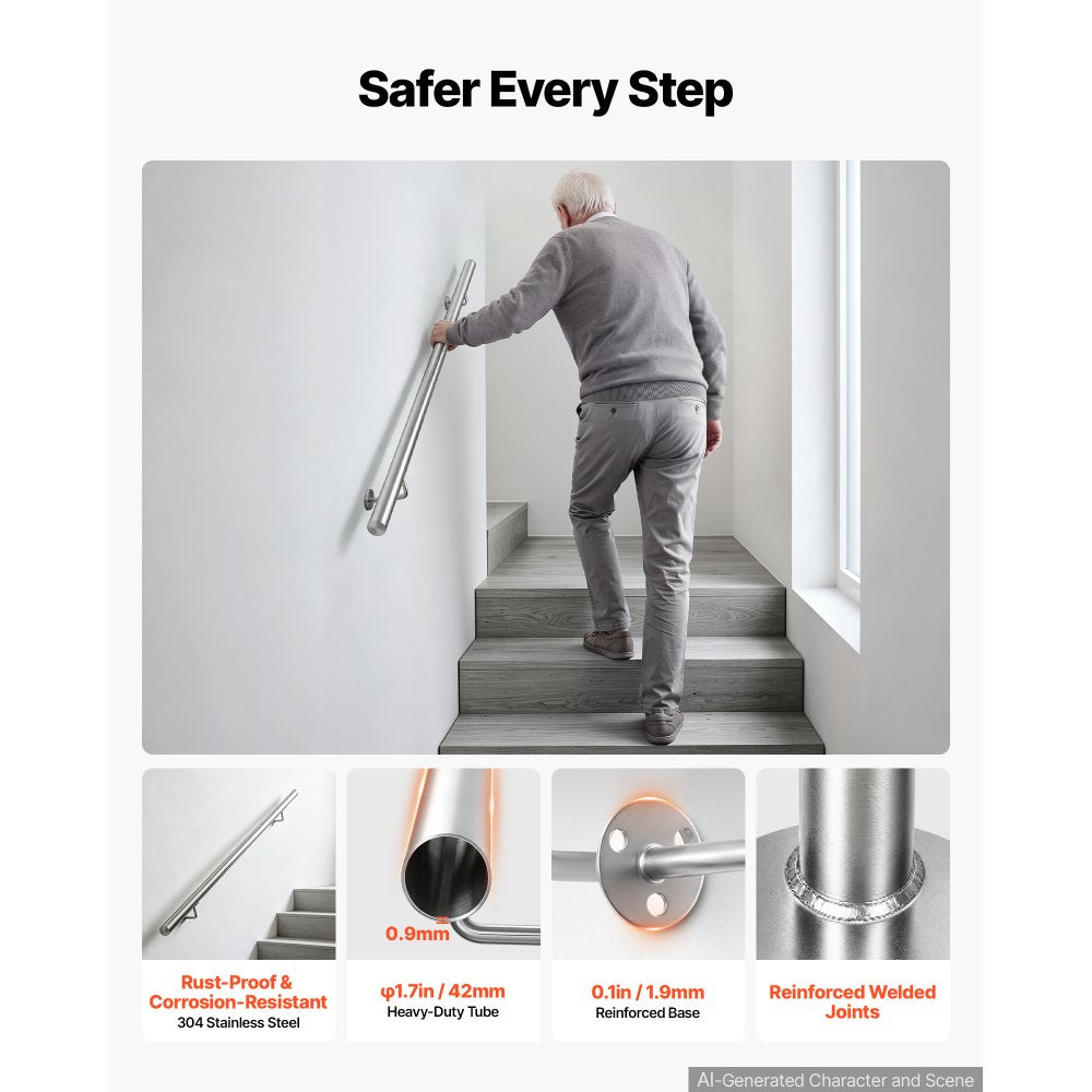 VEVOR Wall-Mounted Stair Handrail, 3.3 ft 250 lbs Load Metal Railing Silver, for Indoor Steps, Loft, Porch & Hallways, Heavy-Duty Industrial Stainless Steel Hand Rail, Round Tube, Mounting Hardware