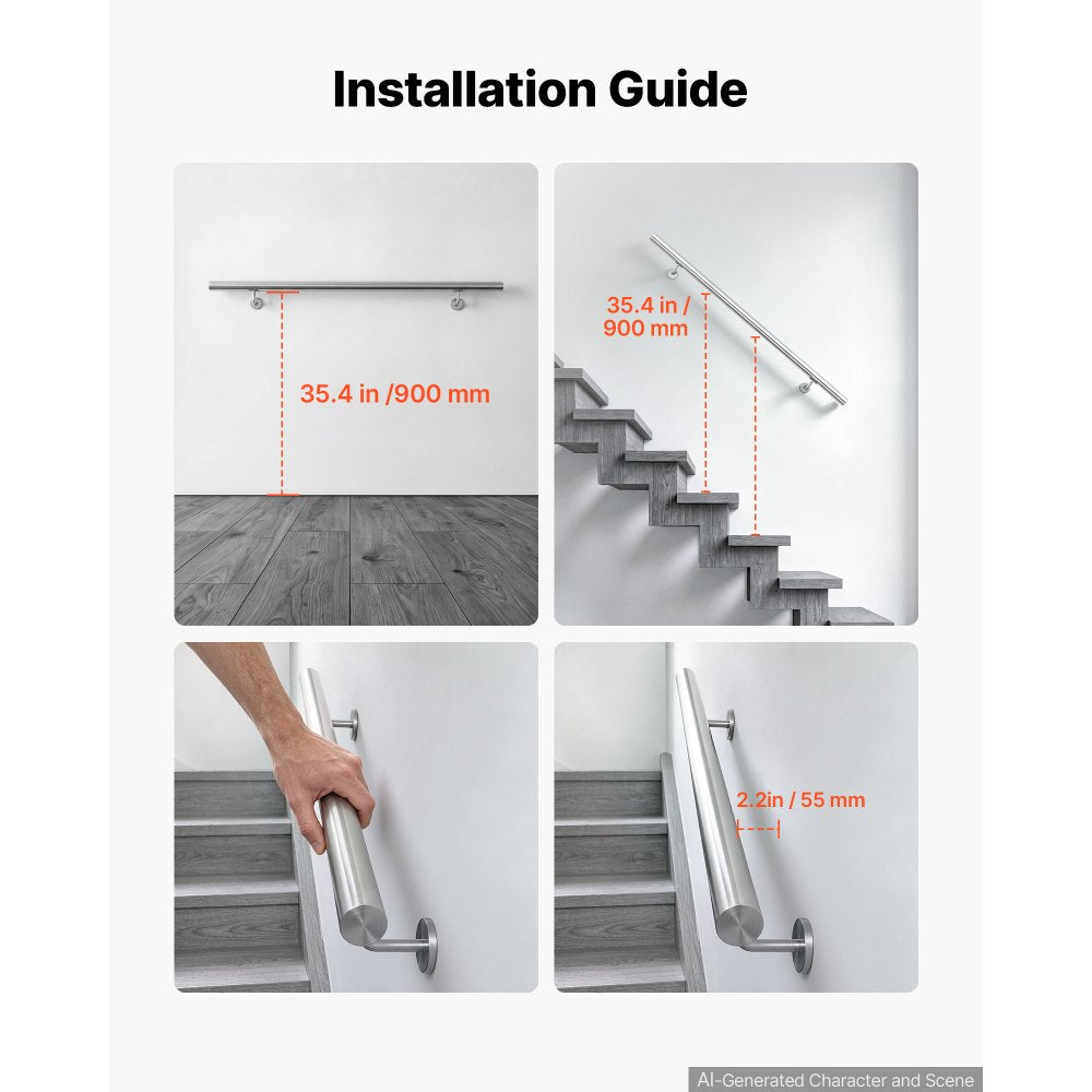 VEVOR Wall-Mounted Stair Handrail, 3.3 ft 250 lbs Load Metal Railing Silver, for Indoor Steps, Loft, Porch & Hallways, Heavy-Duty Industrial Stainless Steel Hand Rail, Round Tube, Mounting Hardware