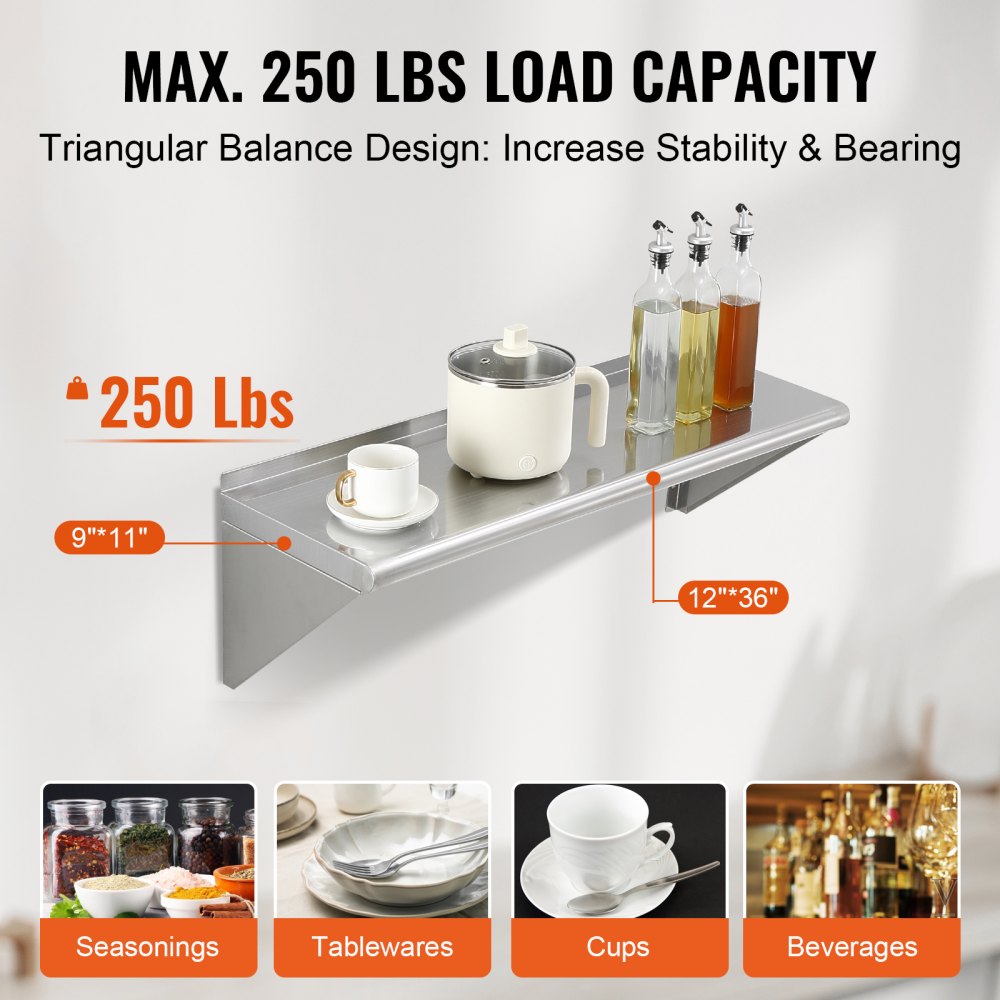 VEVOR 12" x 36" Stainless Steel Shelf, Wall Mounted Floating Shelving with Brackets, 250 lbs Load Capacity Commercial Shelves, Heavy Duty Storage Rack for Restaurant, Kitchen, Bar, Home, and Hotel