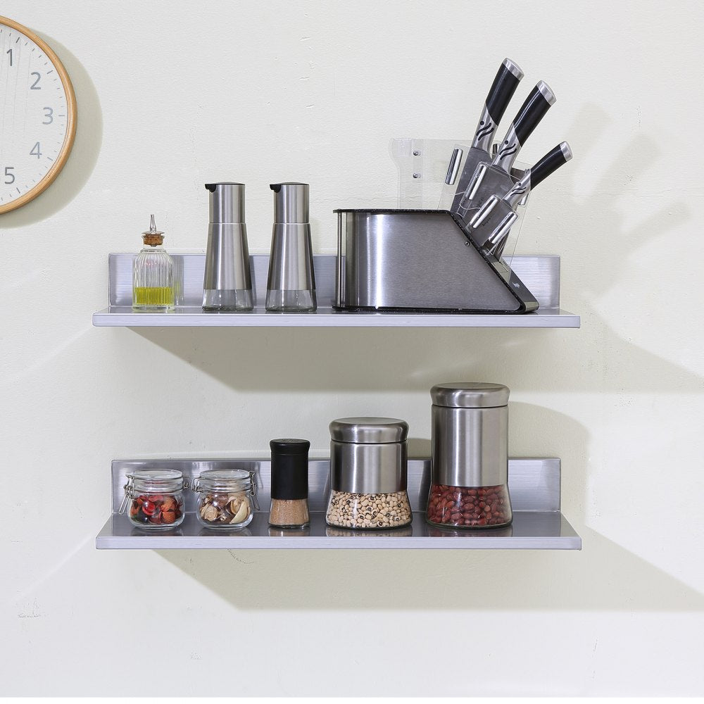 VEVOR 8.6" x 24" -2 Pack Stainless Steel Shelf, Wall Mounted Floating Shelving with Backsplash, 44 lbs Load Capacity Commercial Shelves, Heavy Duty Storage Rack for Restaurant, Kitchen, Bar, Home, and Hotel