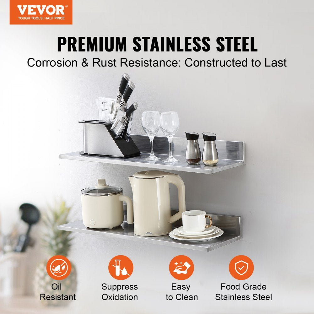 VEVOR 8.6" x 30" -2 Pack Stainless Steel Shelf, Wall Mounted Floating Shelving with Backsplash, 44 lbs Load Capacity Commercial Shelves, Heavy Duty Storage Rack for Restaurant, Kitchen, Bar, Home, and Hotel