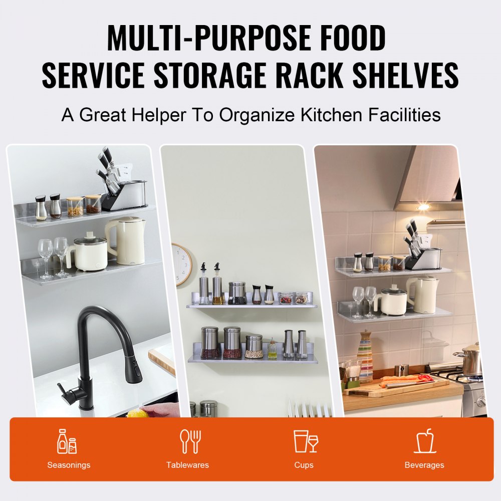 VEVOR 8.6" x 30" -2 Pack Stainless Steel Shelf, Wall Mounted Floating Shelving with Backsplash, 44 lbs Load Capacity Commercial Shelves, Heavy Duty Storage Rack for Restaurant, Kitchen, Bar, Home, and Hotel