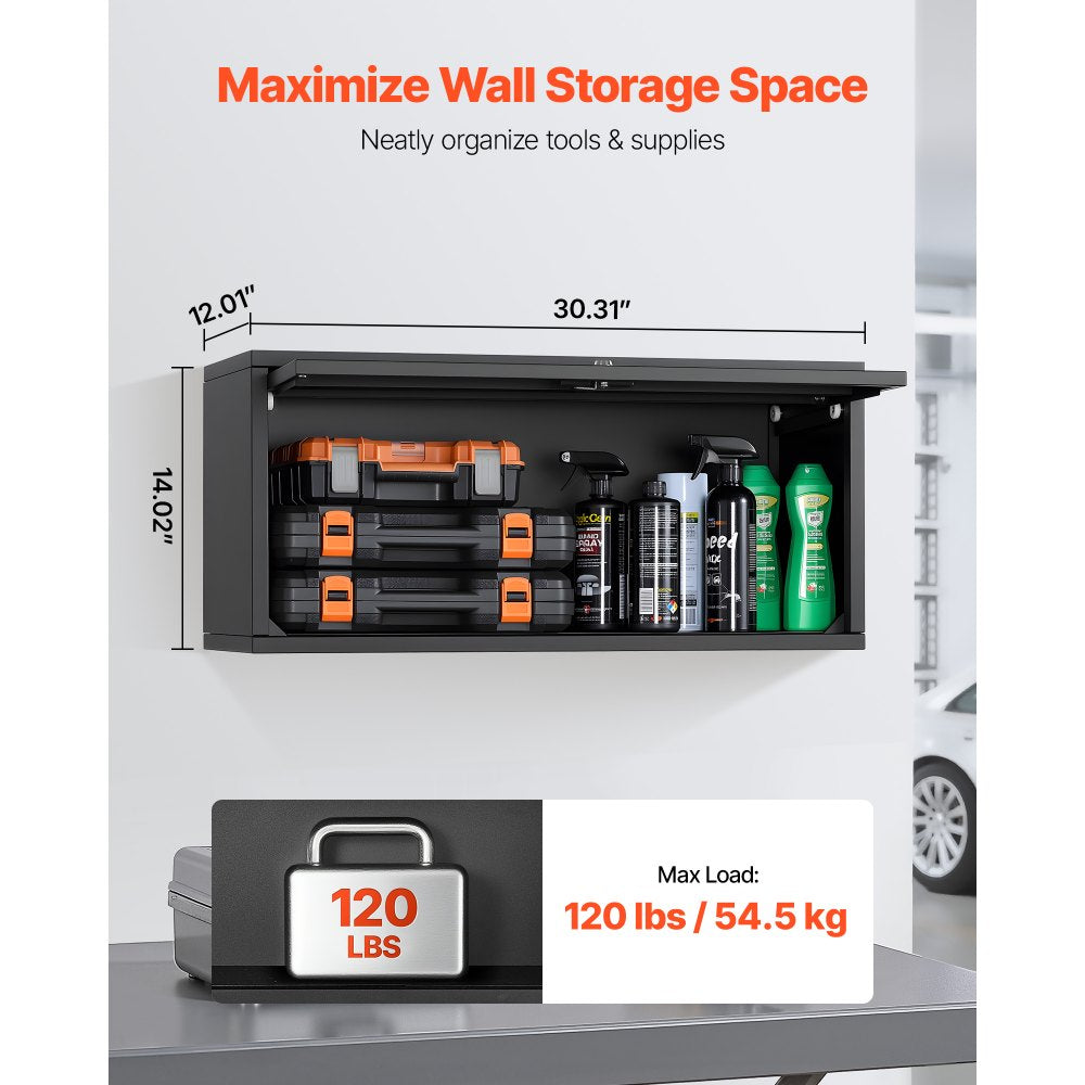 VEVOR Metal Wall Cabinet, 27.56W x 12.01D x 14.02H Inch, Floating Garage Tool Cabinet with Up-Flip Door, 120 lbs Load per Shelf, Fit for Garage, Basement, Kitchen, Warehouse, Assembly Required