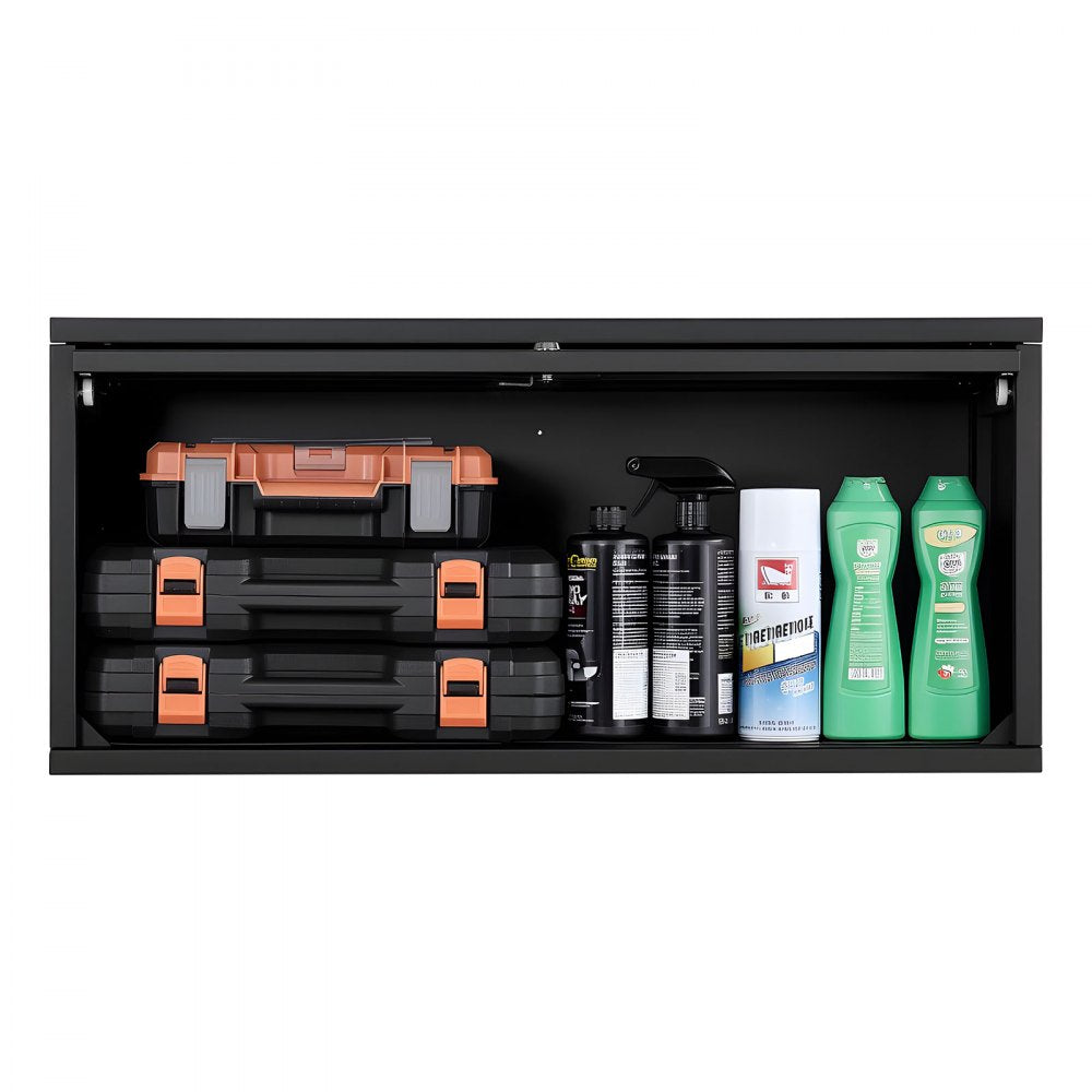 VEVOR Metal Wall Cabinet, 27.56W x 12.01D x 14.02H Inch, Floating Garage Tool Cabinet with Up-Flip Door, 120 lbs Load per Shelf, Fit for Garage, Basement, Kitchen, Warehouse, Assembly Required