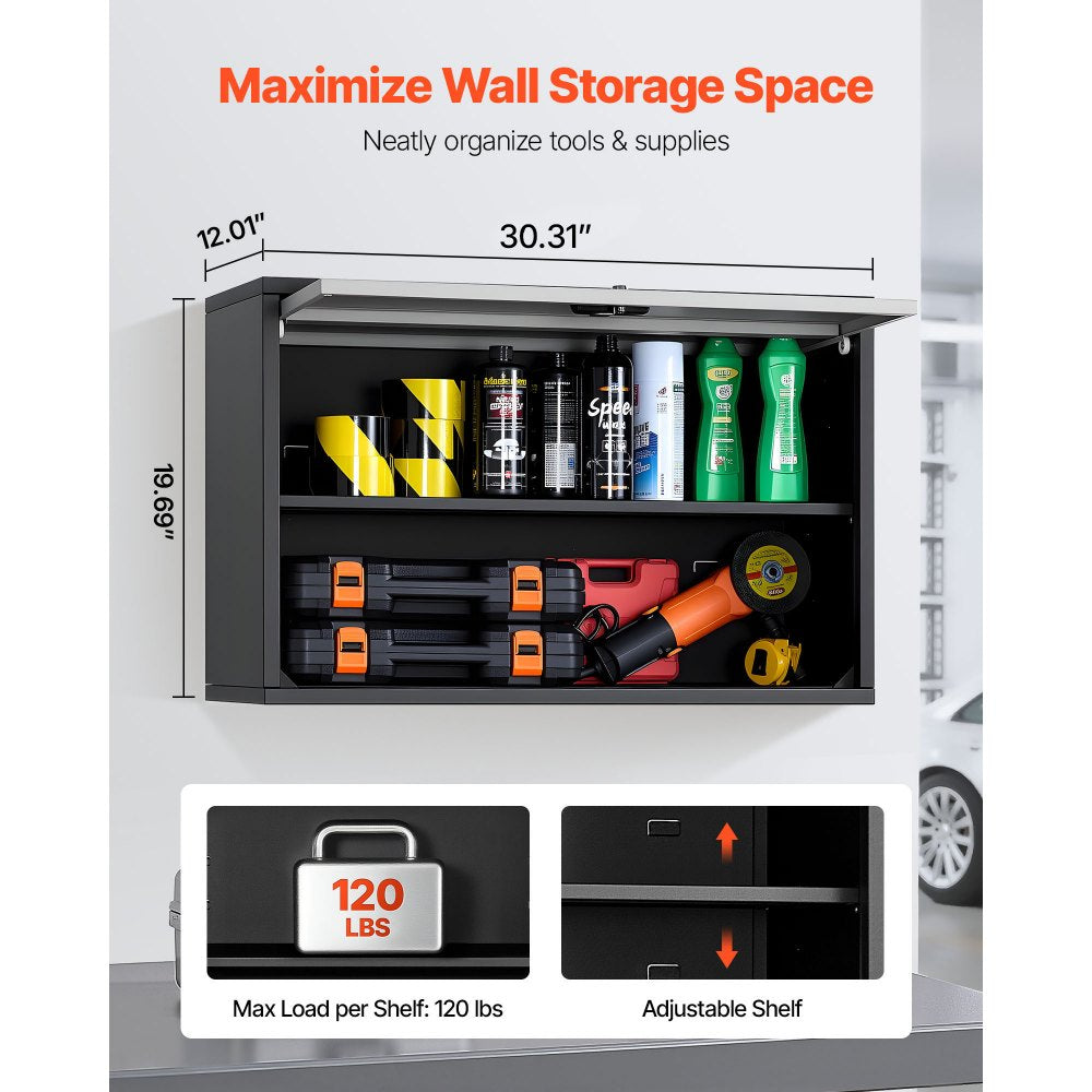 VEVOR Metal Wall Cabinet, 27.56W x 12.01D x 19.69H Inch, Floating Garage Tool Cabinet with Up-Flip Door and Shelf, 240 lbs Load Capacity, Fit for Garage, Basement, Kitchen, Warehouse Assembly Required