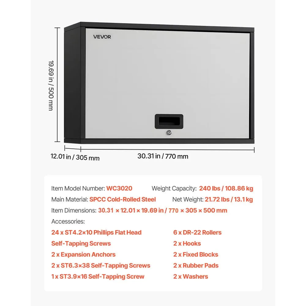 VEVOR Metal Wall Cabinet, 27.56W x 12.01D x 19.69H Inch, Floating Garage Tool Cabinet with Up-Flip Door and Shelf, 240 lbs Load Capacity, Fit for Garage, Basement, Kitchen, Warehouse Assembly Required