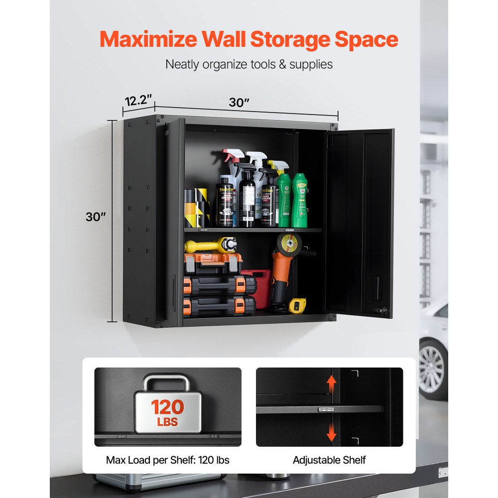 VEVOR Metal Wall Cabinet, 30W x 12.2D x 30H Inch, Steel Floating Hanging Storage Cabinet with Locking Doors and Adjustable Shelf for Garage, Basement, Kitchen, Warehouse Assembly Required, Black
