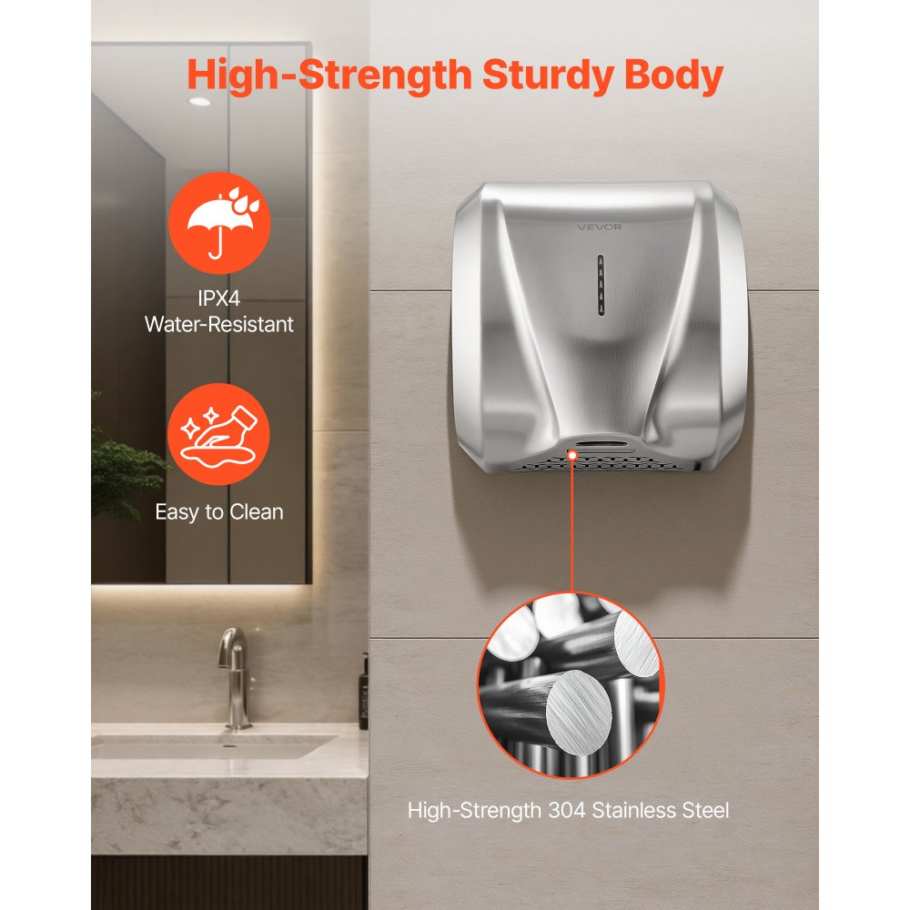VEVOR Hand Dryer, 2 Pack 1800W Bathroom Air Hand Dryer, Automatic High Speed with HEPA Filter, Fast Drying, Brushed Stainless Steel, AC110-120V Commercial Wall Mounted for Restroom, Hotel, Office,Home