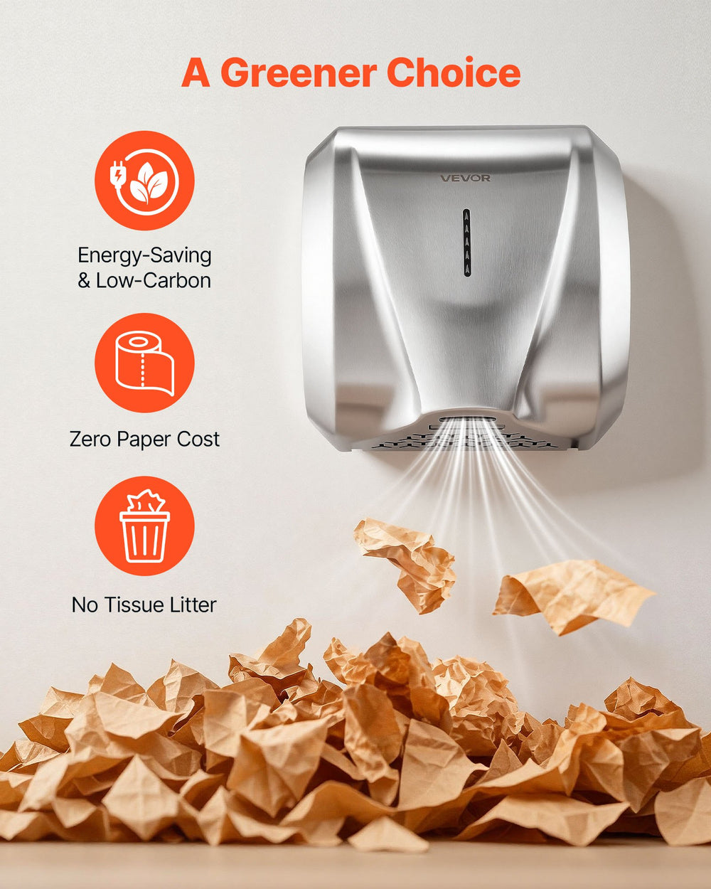 VEVOR Hand Dryer, 1800W Bathroom Air Hand Dryer, Automatic High Speed with HEPA Filter, Fast Drying, Heavy Duty Brushed Stainless Steel, AC110-120V Commercial Wall Mounted for Restroom, Hotel, Office