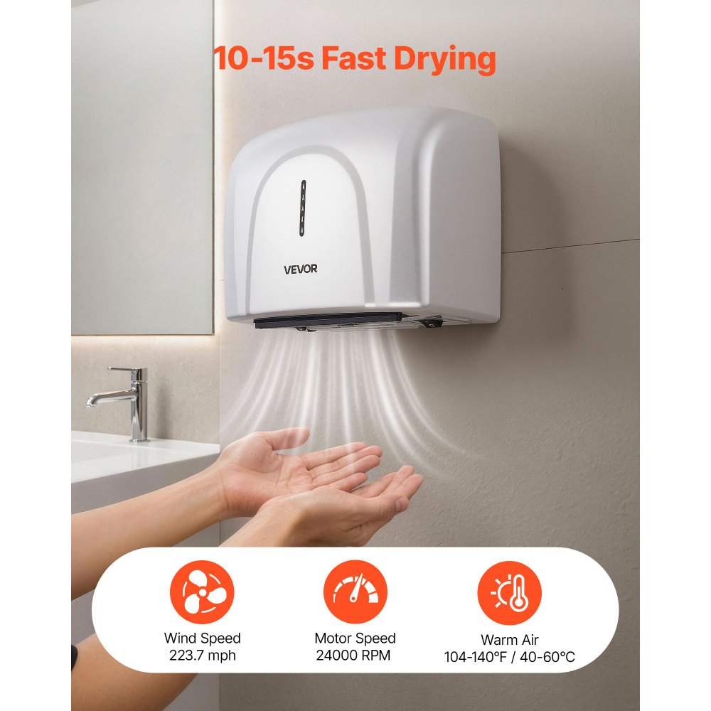 VEVOR Hand Dryer, 1300W Bathroom Air Hand Dryer, Automatic High Speed with HEPA Filter, Fast Drying, Premium ABS Construction, AC110-120V Commercial Wall Mounted for Home Bathroom, Guest Room,Homestay