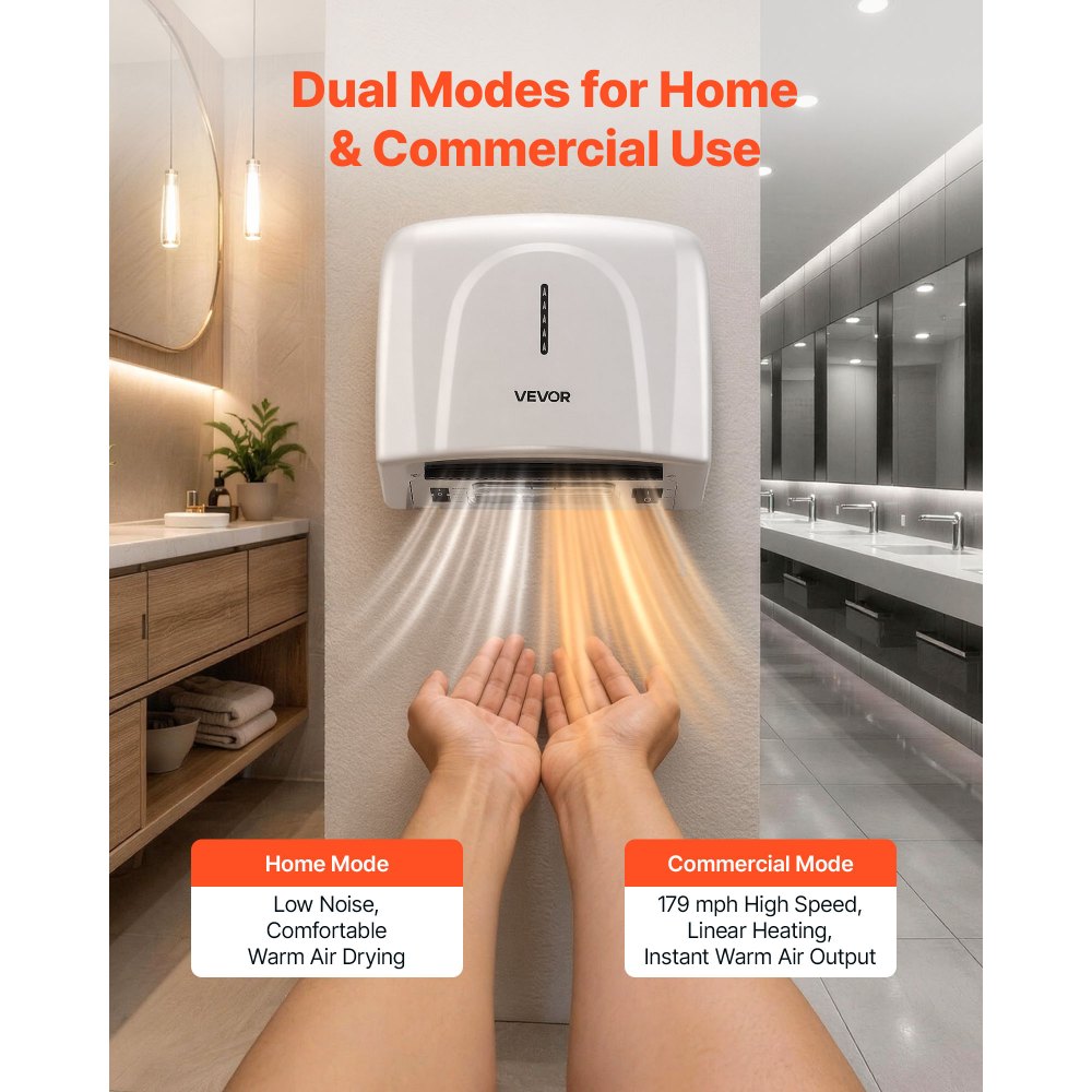 VEVOR Hand Dryer, 1300W Bathroom Air Hand Dryer, Automatic High Speed with HEPA Filter, Fast Drying, Premium ABS Construction, AC110-120V Commercial Wall Mounted for Home Bathroom, Guest Room,Homestay