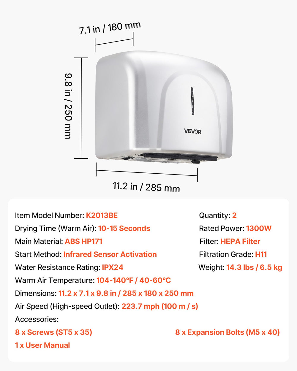 VEVOR Hand Dryer, 2 Pack 1300W Bathroom Air Hand Dryer, Automatic High Speed with HEPA Filter, Fast Drying, ABS Construction, AC110-120V Commercial Wall Mounted for Home Bathroom, Guest Room,Homestay