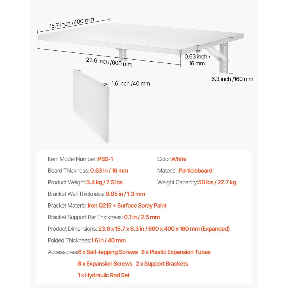 VEVOR Wall Mounted Folding Table, 23.6 x 15.7 inches Wall Mount Table, Floating Desk with Iron Bracket, Fold Down Desk for Small Spaces, Home Office, Dining, Laundry Room, Kitchen, Bar, White
