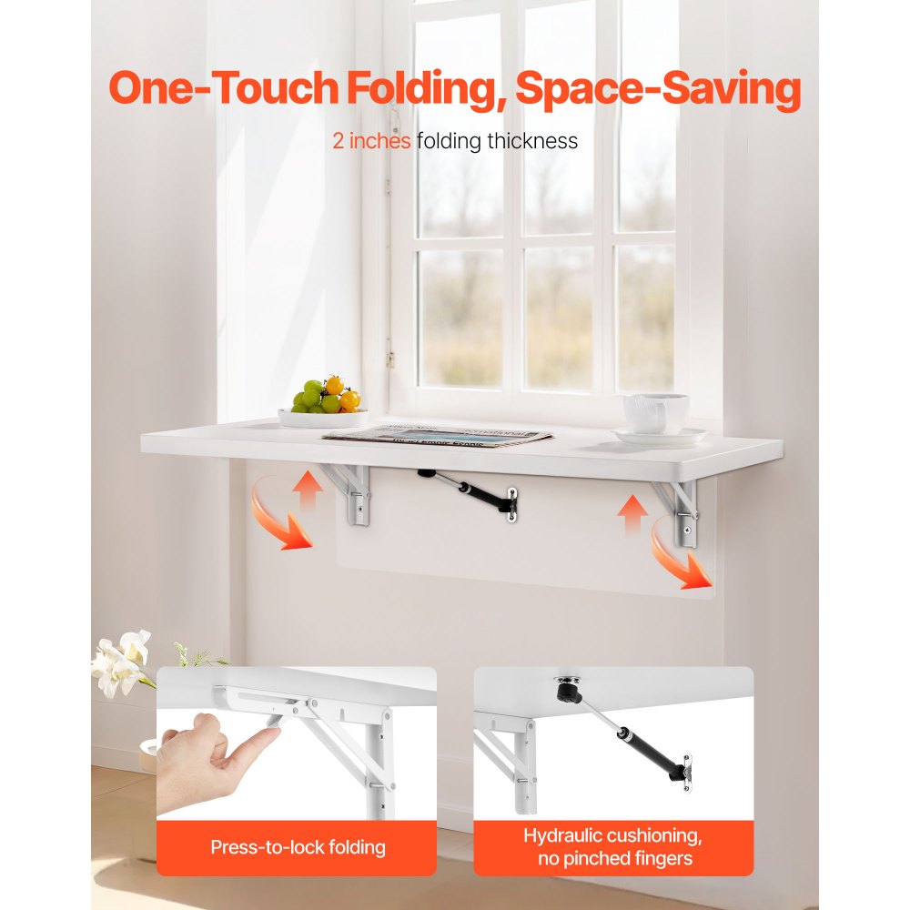 VEVOR Wall Mounted Folding Table, 47.2 x 19.7 inches Wall Mount Table, Floating Desk with Iron Bracket, Fold Down Desk for Small Spaces, Home Office, Dining, Laundry Room, Kitchen, Bar, White