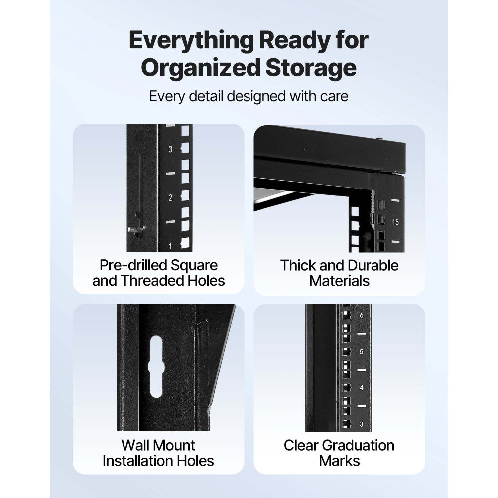 VEVOR 15U Wall Mount Server Rack, 150 lbs Max Load Capacity, Open Frame Network Rack with 180 Degrees Gate Swing, Carbon Steel, for 19-Inch IT Network Equipment & AV Devices Computer Server, Black