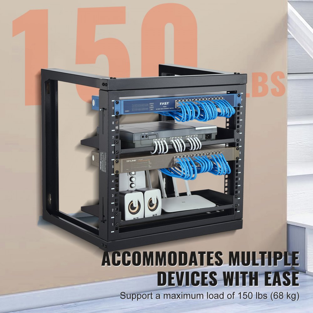 VEVOR 9U Wall Mount Rack, 150 lbs/68.04 kg Max Load Capacity, Open Frame Server Network Rack with Cage Nuts Screws, Carbon Steel 20.9 x 17.7 x 20.5" for 19"/482.6 mm AV & Server IT Equipment, Black