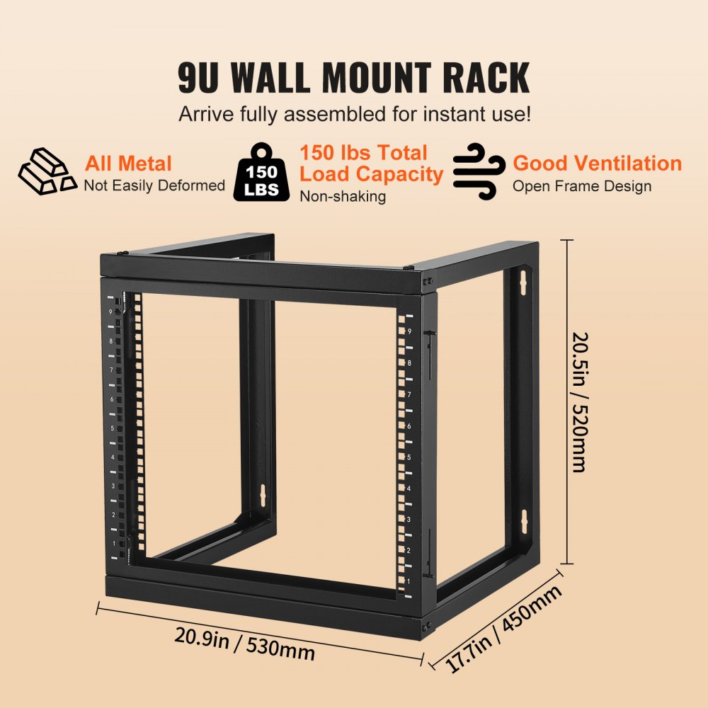 VEVOR 9U Wall Mount Rack, 150 lbs/68.04 kg Max Load Capacity, Open Frame Server Network Rack with Cage Nuts Screws, Carbon Steel 20.9 x 17.7 x 20.5" for 19"/482.6 mm AV & Server IT Equipment, Black