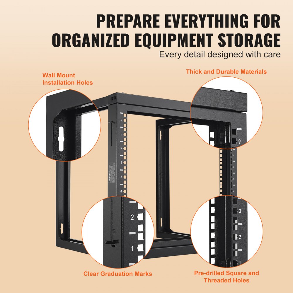 VEVOR 9U Wall Mount Rack, 150 lbs/68.04 kg Max Load Capacity, Open Frame Server Network Rack with Cage Nuts Screws, Carbon Steel 20.9 x 17.7 x 20.5" for 19"/482.6 mm AV & Server IT Equipment, Black