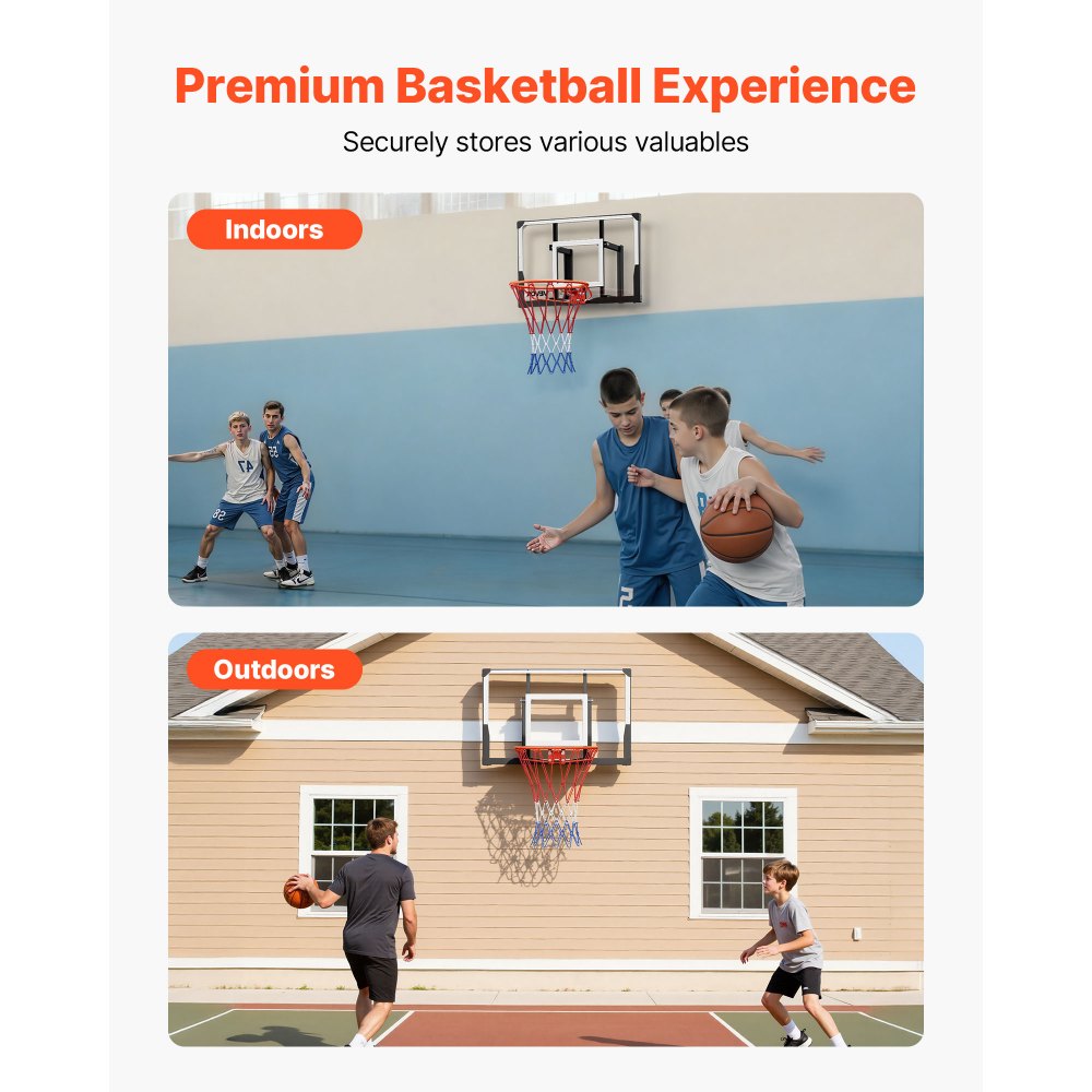 VEVOR Wall Mount Basketball Hoop, 44-inch PC Backboard Mounted Basketball Hoop Outdoor with Solid Steel, 0.08 inch Thickened Backboard, Thickened Woven Nylon Basketballs Net, Indoor & Outdoor Use