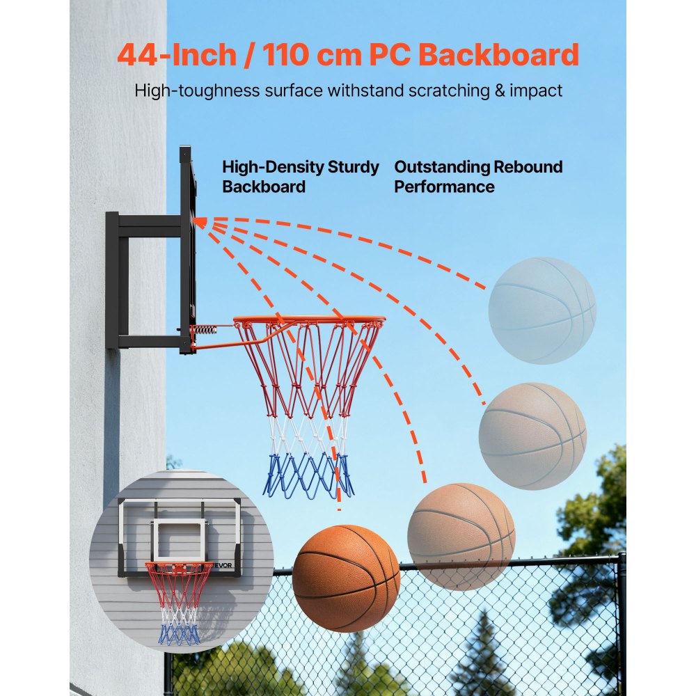 VEVOR Wall Mount Basketball Hoop, 44-inch PC Backboard Mounted Basketball Hoop Outdoor with Solid Steel, 0.08 inch Thickened Backboard, Thickened Woven Nylon Basketballs Net, Indoor & Outdoor Use