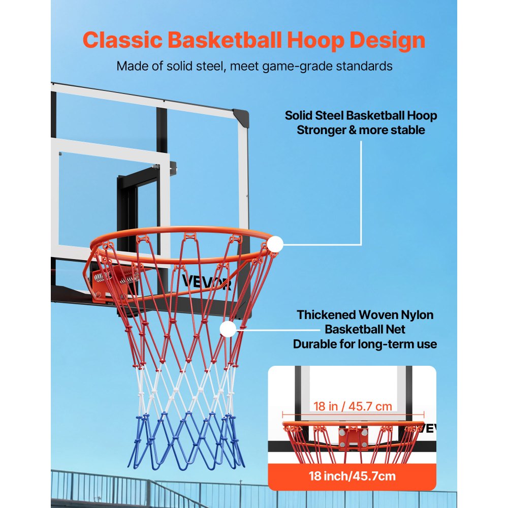 VEVOR Wall Mount Basketball Hoop, 44-inch PC Backboard Mounted Basketball Hoop Outdoor with Solid Steel, 0.08 inch Thickened Backboard, Thickened Woven Nylon Basketballs Net, Indoor & Outdoor Use