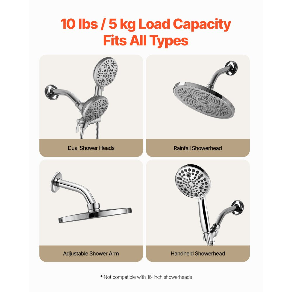 VEVOR Shower Arm with Flange, 6 Inches, Wall Mounted Stainless Steel Shower Head Arm Extender, Chrome Finish, PTFE Tape, G1/2 Universal Thread Connector Compatible, for Fixed & Handheld Showerhead