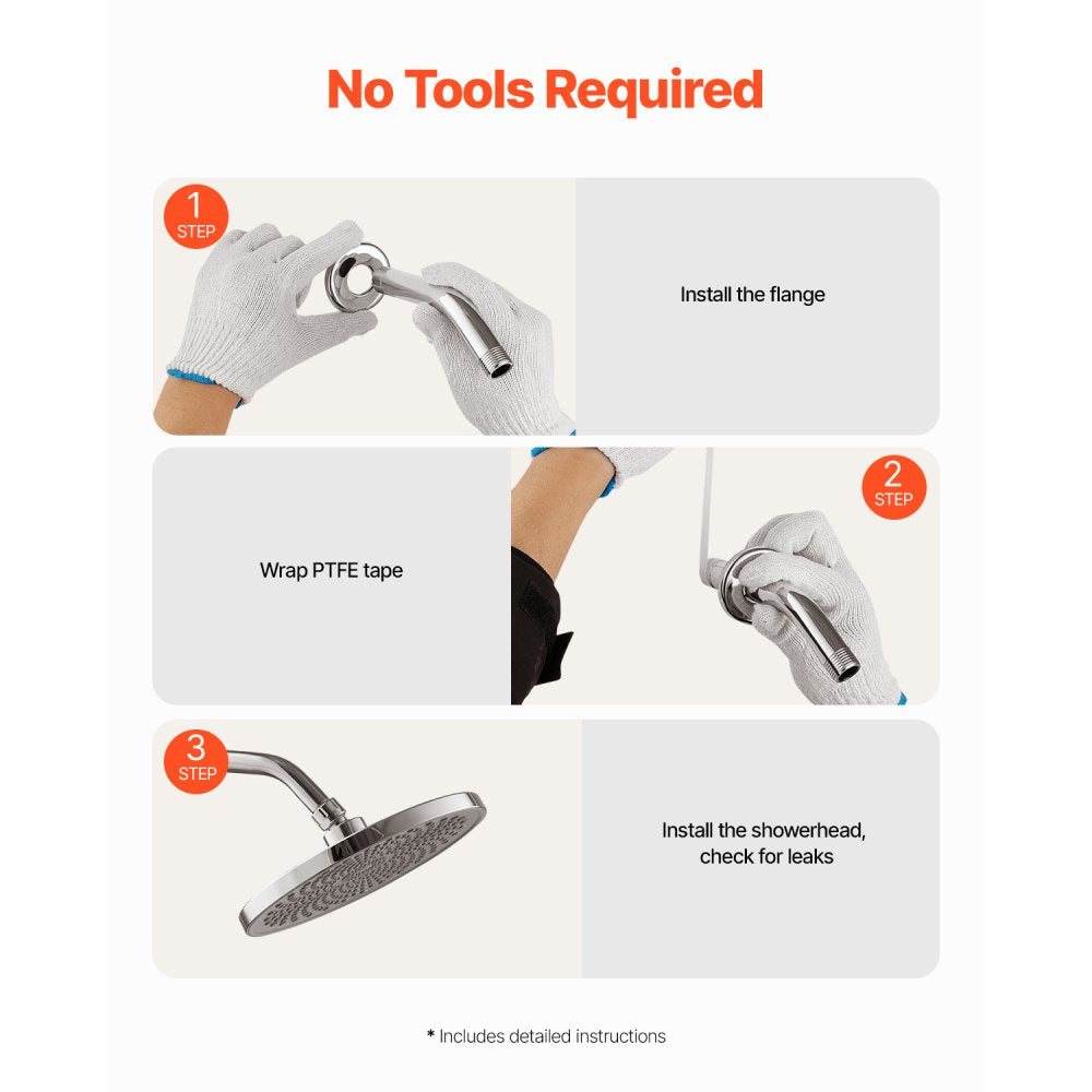 VEVOR Shower Arm with Flange, 6 Inches, Wall Mounted Stainless Steel Shower Head Arm Extender, Chrome Finish, PTFE Tape, G1/2 Universal Thread Connector Compatible, for Fixed & Handheld Showerhead