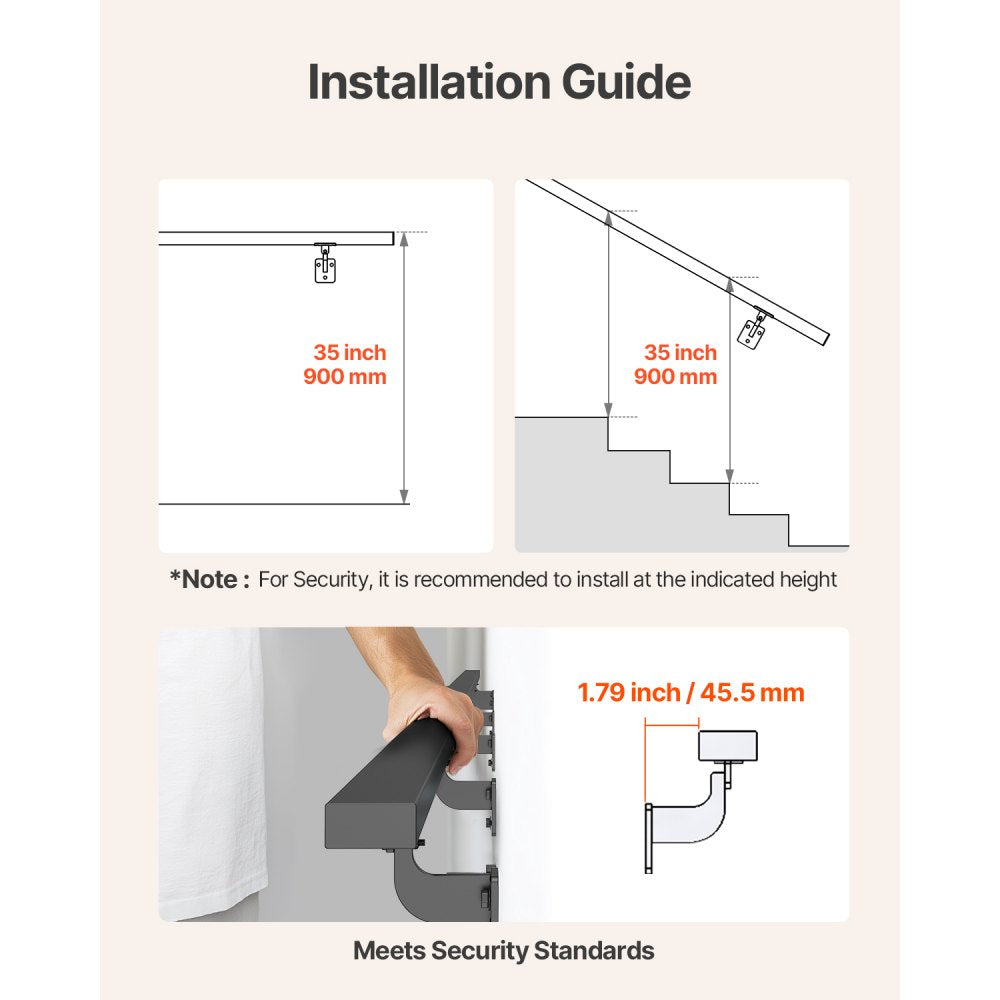 VEVOR Wall Mounted Stair Handrail, 15ft Black Aluminum Staircase Handrail Indoor, 250lbs Load Capacity, Industrial Railing Hand Rail for Steps, Square Tube for Loft Porch Deck, 6 Sections