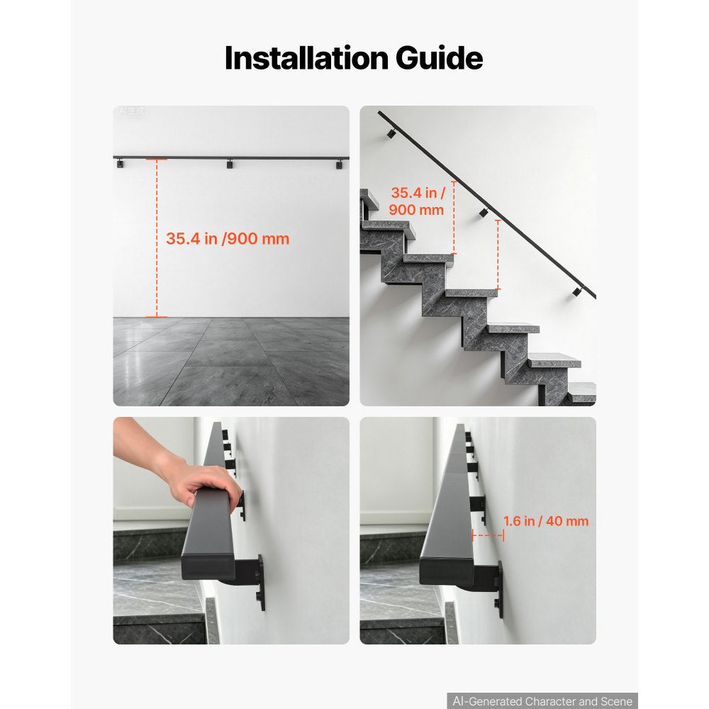 VEVOR Wall-Mounted Stair Handrail, 15 ft 250 lbs Load Black Metal Railing, for Indoor Steps, Loft, Porch & Hallways, Heavy-Duty Industrial Aluminum Alloy Hand Rail, Square Tube, with Mounting Hardware