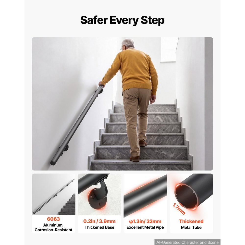 VEVOR Wall-Mounted Stair Handrail, 10 ft 250 lbs Black Metal Railing 2 PCS, for Indoor Steps, Loft, Porch & Hallways, Heavy-Duty Industrial Aluminum Alloy Hand Rail, Round Tube, with Mounting Hardware