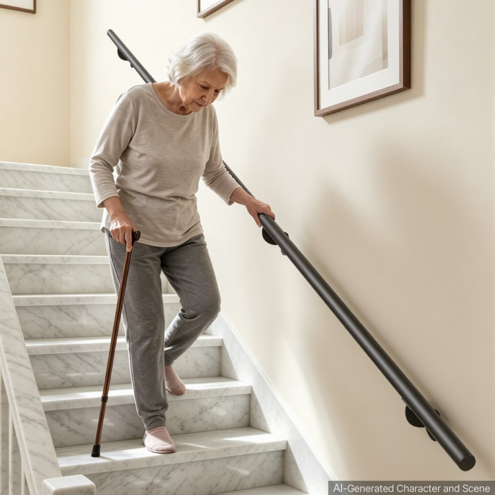 VEVOR Wall-Mounted Stair Handrail, 10 ft 250 lbs Black Metal Railing 2 PCS, for Indoor Steps, Loft, Porch & Hallways, Heavy-Duty Industrial Aluminum Alloy Hand Rail, Round Tube, with Mounting Hardware