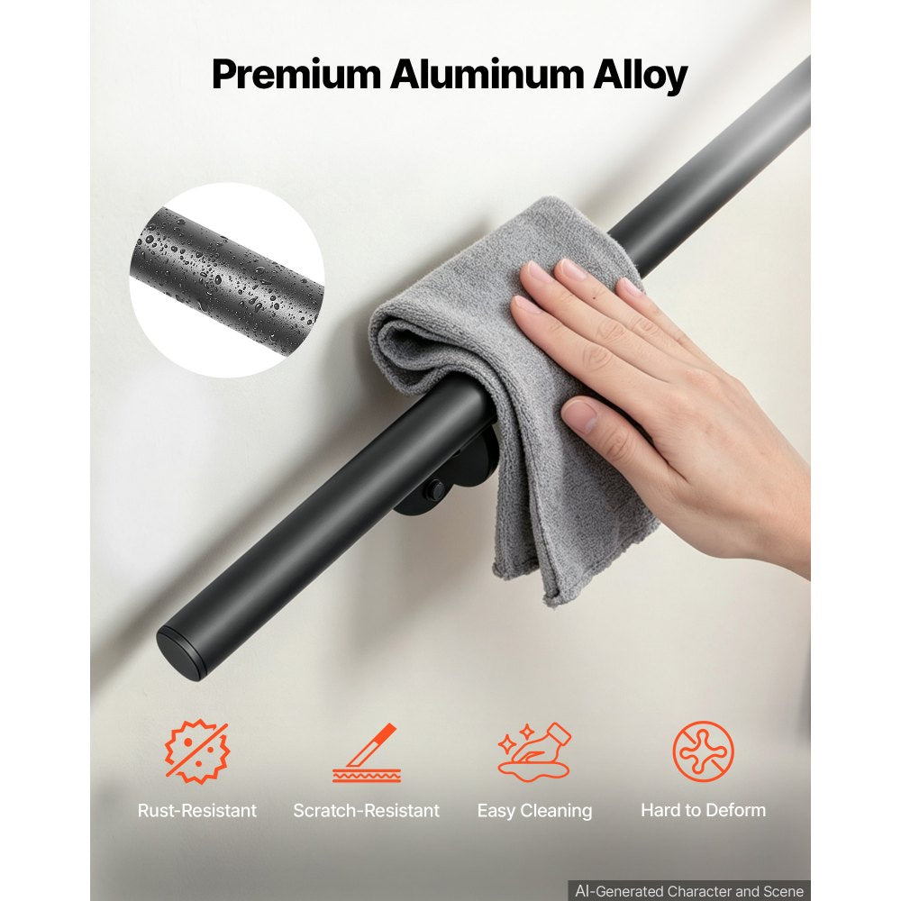 VEVOR Wall-Mounted Stair Handrail, 10 ft 250 lbs Load Black Metal Railing, for Indoor Steps, Loft, Porch & Hallways, Heavy-Duty Industrial Aluminum Alloy Hand Rail, Round Tube, with Mounting Hardware