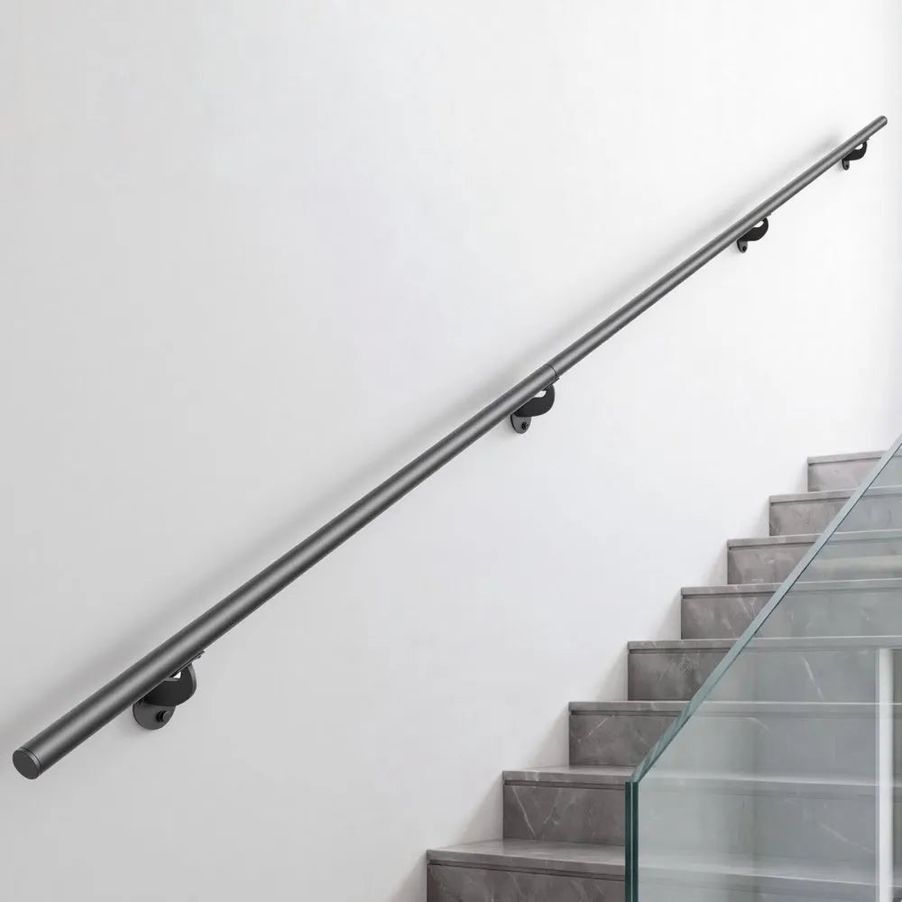 VEVOR Wall-Mounted Stair Handrail, 10 ft 250 lbs Load Black Metal Railing, for Indoor Steps, Loft, Porch & Hallways, Heavy-Duty Industrial Aluminum Alloy Hand Rail, Round Tube, with Mounting Hardware