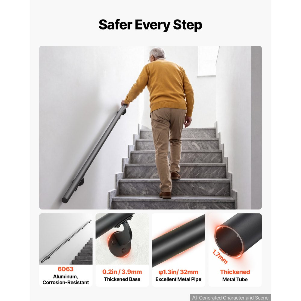 VEVOR Wall-Mounted Stair Handrail, 12 ft 250 lbs Load Black Metal Railing, for Indoor Steps, Loft, Porch & Hallways, Heavy-Duty Industrial Aluminum Alloy Hand Rail, Round Tube, with Mounting Hardware