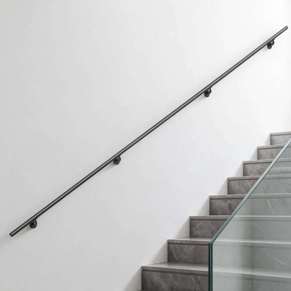 VEVOR Wall-Mounted Stair Handrail, 12 ft 250 lbs Load Black Metal Railing, for Indoor Steps, Loft, Porch & Hallways, Heavy-Duty Industrial Aluminum Alloy Hand Rail, Round Tube, with Mounting Hardware