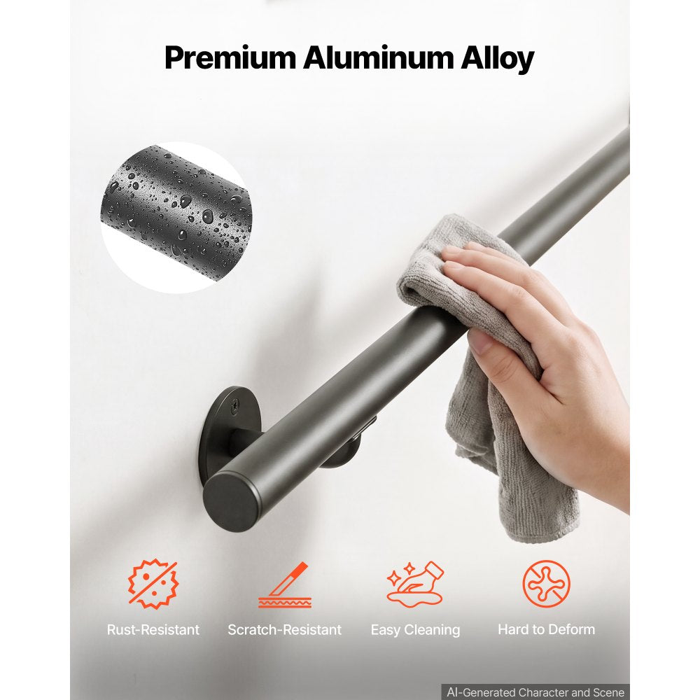 VEVOR Wall-Mounted Stair Handrail, 5 ft 250 lbs Load Black Metal Railing, for Indoor Steps, Loft, Porch & Hallways, Heavy-Duty Industrial Aluminum Alloy Hand Rail, Round Tube, with Mounting Hardware