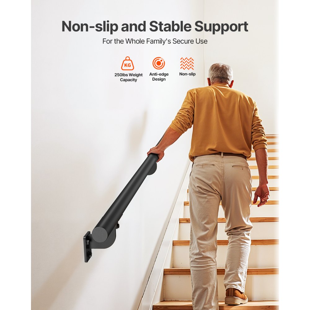 VEVOR Wall Mounted Stair Handrail, 6ft Pipe Staircase Handrail, Black Galvanized Aluminum, 1.26 inch Pipe Diameter, Indoor&Outdoor Staircase Railing,Industrial Hand Rail for Steps,Security Baluster