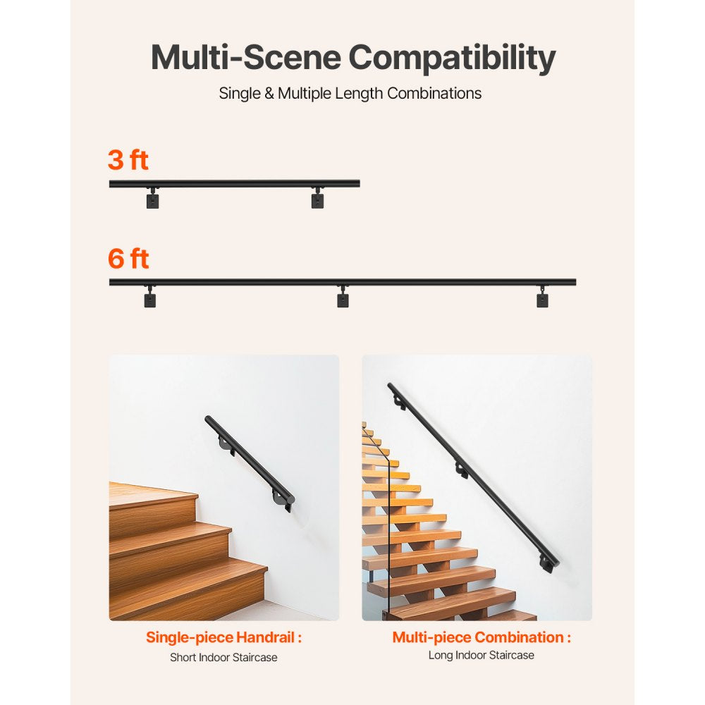 VEVOR Wall Mounted Stair Handrail, 6ft Pipe Staircase Handrail, Black Galvanized Aluminum, 1.26 inch Pipe Diameter, Indoor&Outdoor Staircase Railing,Industrial Hand Rail for Steps,Security Baluster