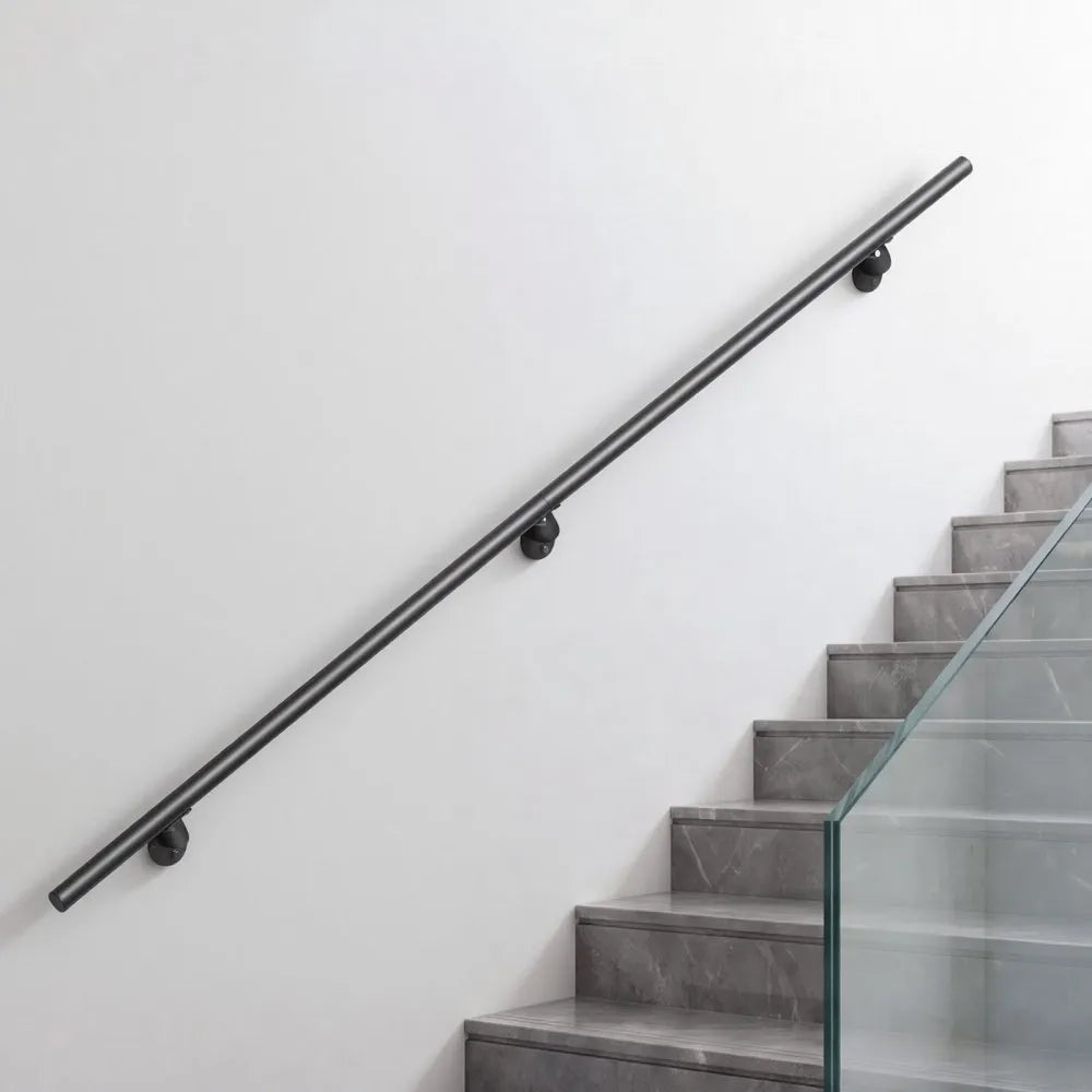 VEVOR Wall-Mounted Stair Handrail, 6 ft 250 lbs Load Black Metal Railing, for Indoor Steps, Loft, Porch & Hallways, Heavy-Duty Industrial Aluminum Alloy Hand Rail, Round Tube, with Mounting Hardware