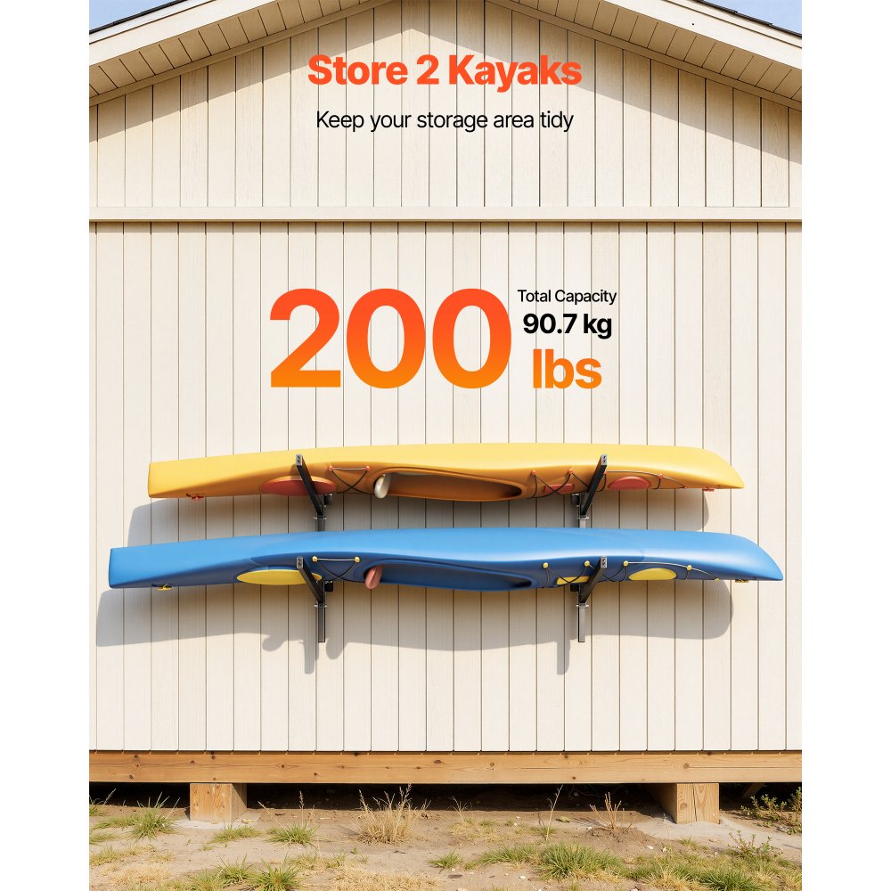 VEVOR Kayak Storage Rack for 2 Kayaks, Holds 200 lbs, Heavy Duty Adjustable Wall Mount Stand for Indoor Outdoor Garage Shed Dock, Storage Holder for Canoe, Small Boat, SUP, Surfboard & Paddleboard