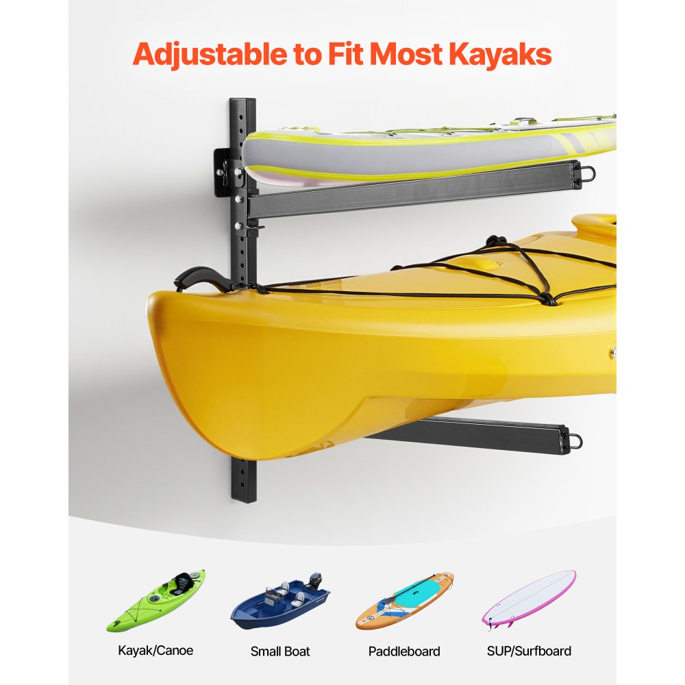 VEVOR Kayak Storage Rack for 2 Kayaks, Holds 200 lbs, Heavy Duty Adjustable Wall Mount Stand for Indoor Outdoor Garage Shed Dock, Storage Holder for Canoe, Small Boat, SUP, Surfboard & Paddleboard