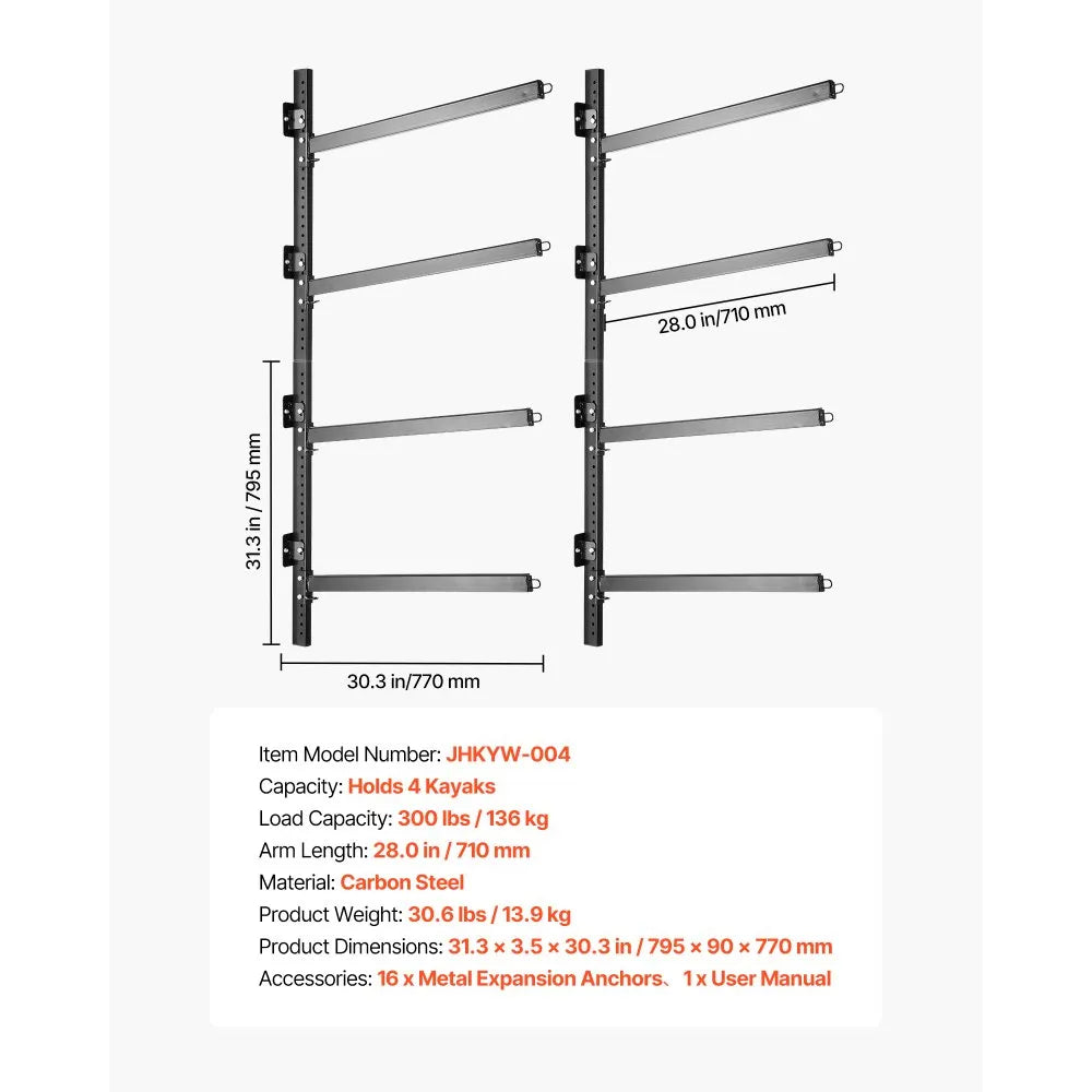 VEVOR Kayak Storage Rack for 4 Kayaks, Holds 300 lbs, Heavy Duty Adjustable Wall Mount Stand for Indoor Outdoor Garage Shed Dock, Storage Holder for Canoe, Small Boat, SUP, Surfboard & Paddleboard