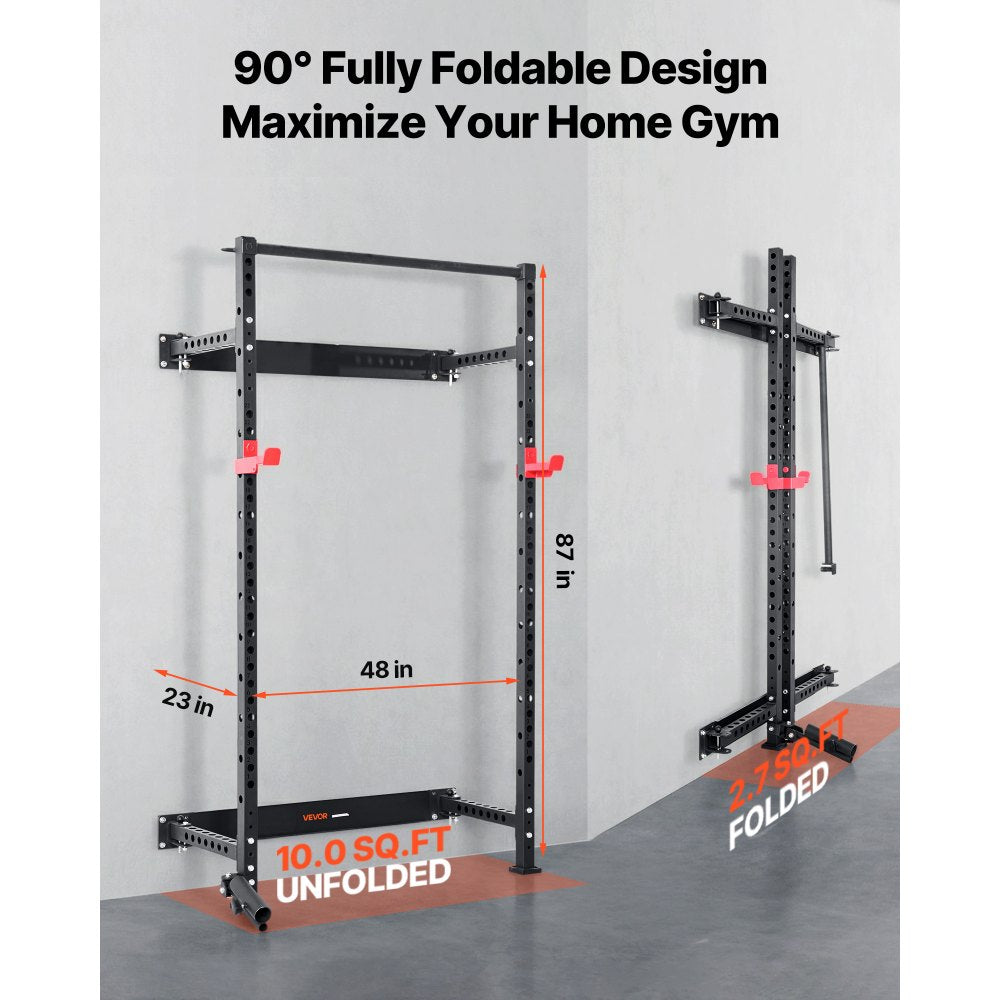 VEVOR Folding Power Cage, Wall-Mounted Power Rack Squat Rack, Multifunctional Strength Training Workout Equipment with Landmine Holder, Adjustable J-Hooks & Pull-Up Bar for Home Gym, 1000LBS Capacity