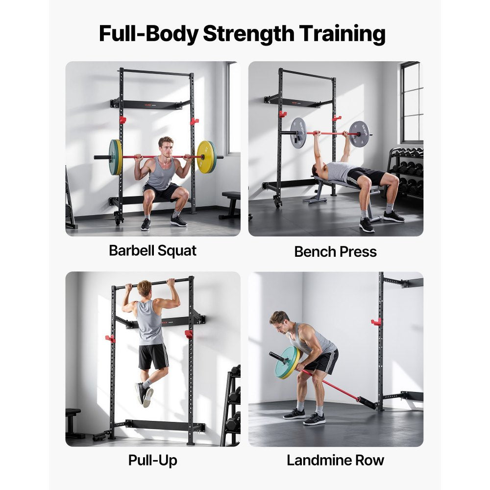 VEVOR Folding Power Cage, Wall-Mounted Power Rack Squat Rack, Multifunctional Strength Training Workout Equipment with Landmine Holder, Adjustable J-Hooks & Pull-Up Bar for Home Gym, 1000LBS Capacity