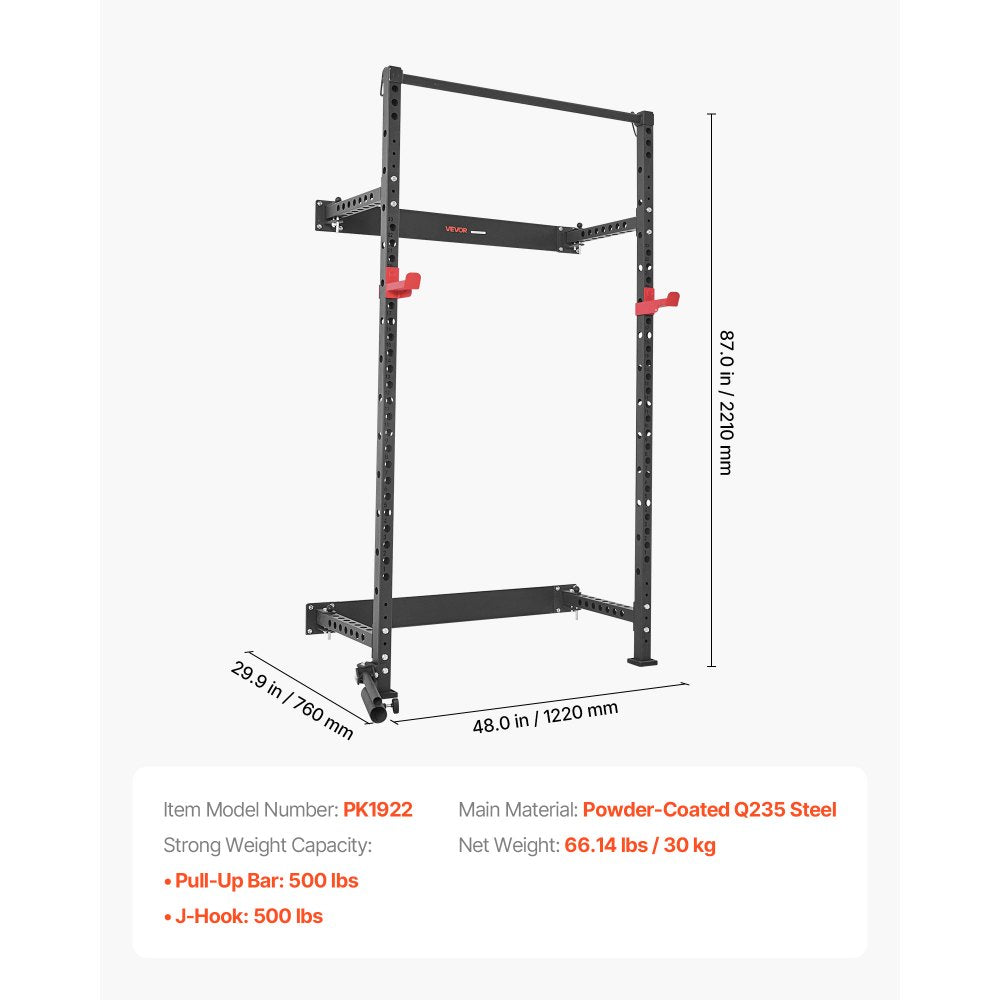 VEVOR Folding Power Cage, Wall-Mounted Power Rack Squat Rack, Multifunctional Strength Training Workout Equipment with Landmine Holder, Adjustable J-Hooks & Pull-Up Bar for Home Gym, 1000LBS Capacity