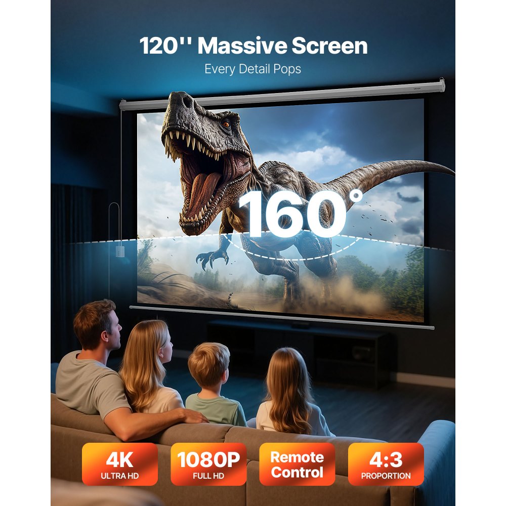VEVOR 120 inch motorized projector screen lifestyle image with wide viewing angle