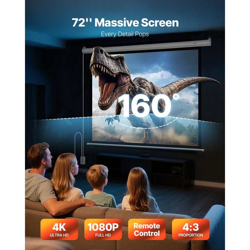 VEVOR Motorized Projector Screen, 72 inch 4:3 1080 HD Electric Projection Screen, Wall Mounted Projection Dispaly Projector with Remote Control, Automatic Movie Screen for Family Home Office Theater