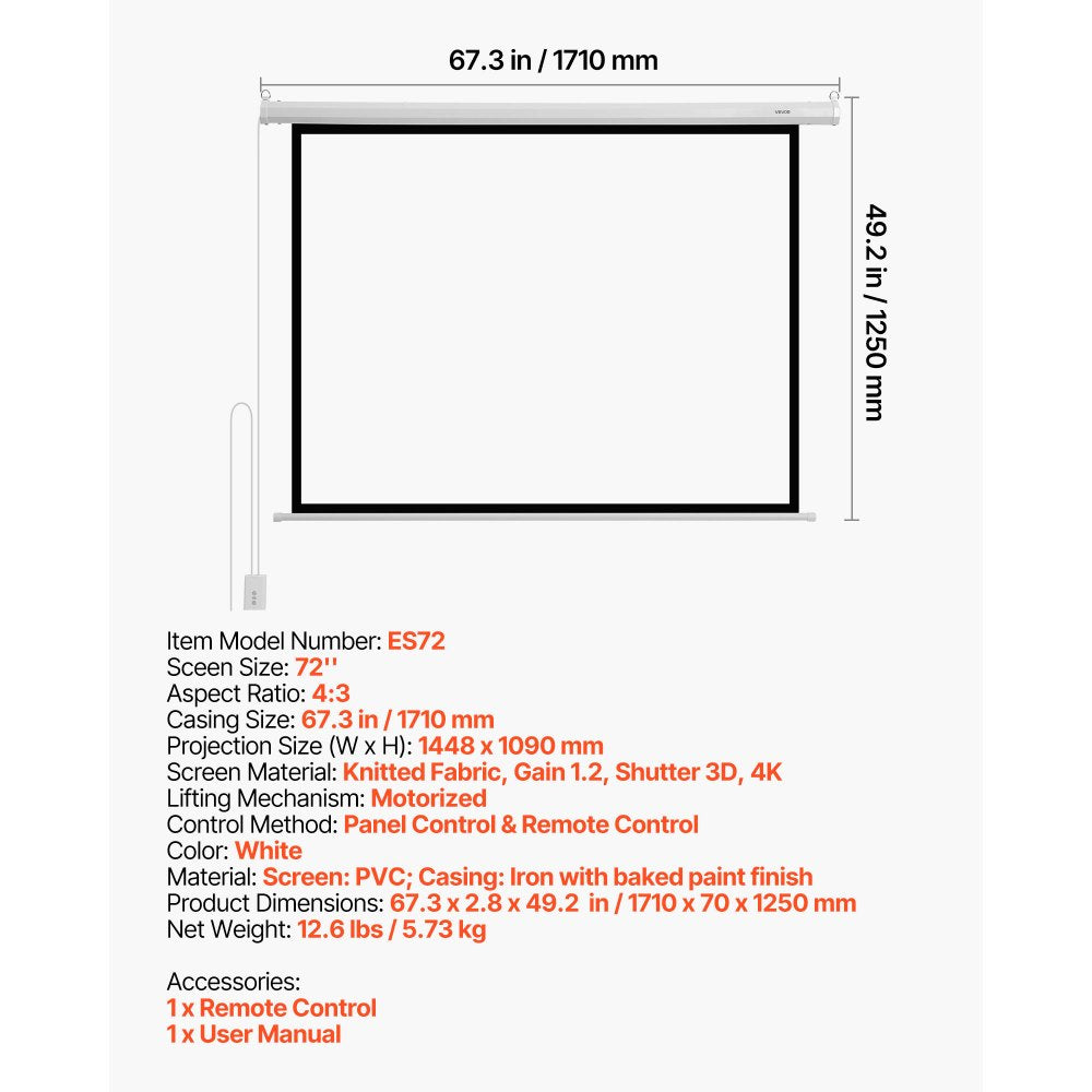VEVOR Motorized Projector Screen, 72 inch 4:3 1080 HD Electric Projection Screen, Wall Mounted Projection Dispaly Projector with Remote Control, Automatic Movie Screen for Family Home Office Theater
